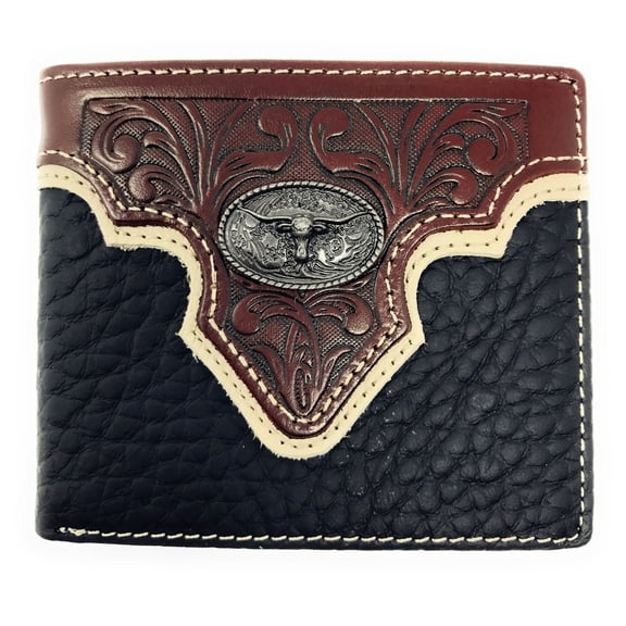 Genuine Leather Floral Tooled Longhorn Horseshoe Concho Mens Short Bifold Wallet