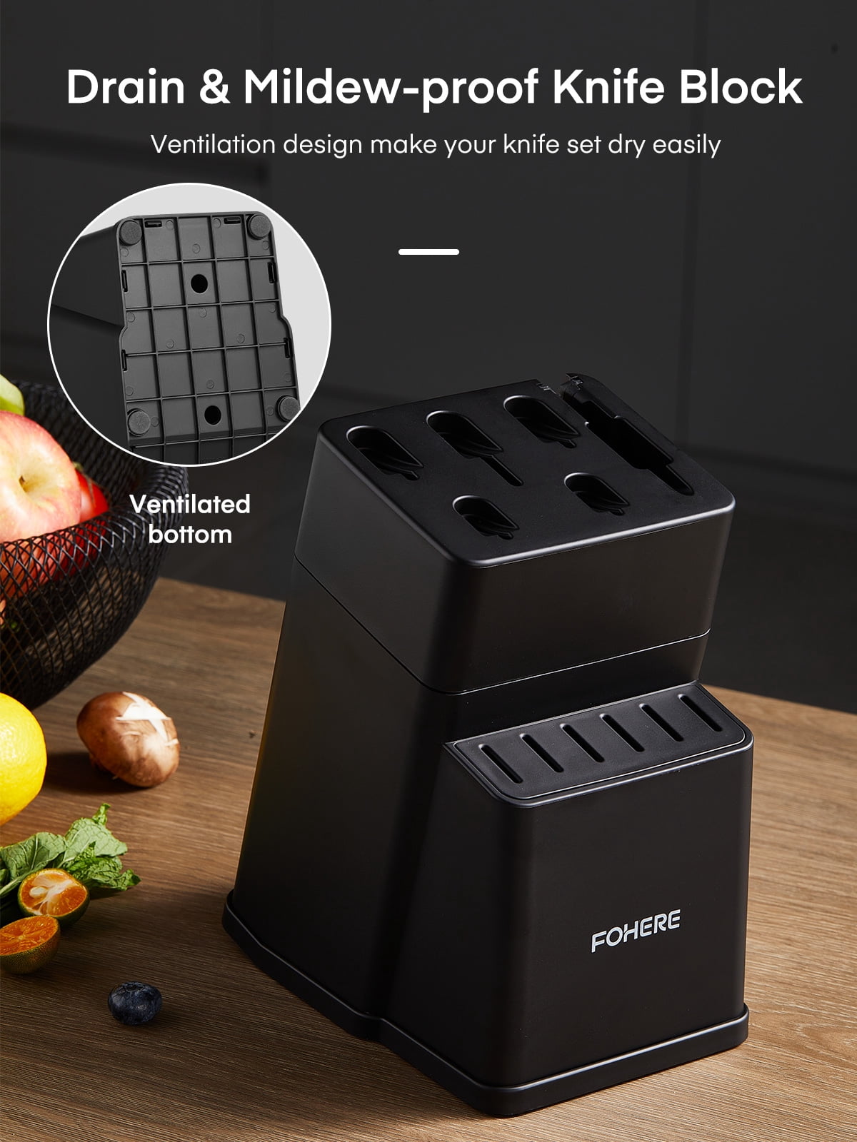 FOHERE Knife Set with Block  13 Pieces Stainless Steel Knive Sets for Kitchen with Built-in Sharpener Sharp Black Kitchen Knife Block Set with Anti-slip Handle,Black