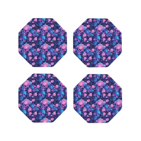 

Fuzoiu Blue Skull Rose Print Leather Coasters Set Drink Coasters Set of 4 for Tabletop Protection Durable PVC Coasters Home Décor and Housewarming Gift-Octagon