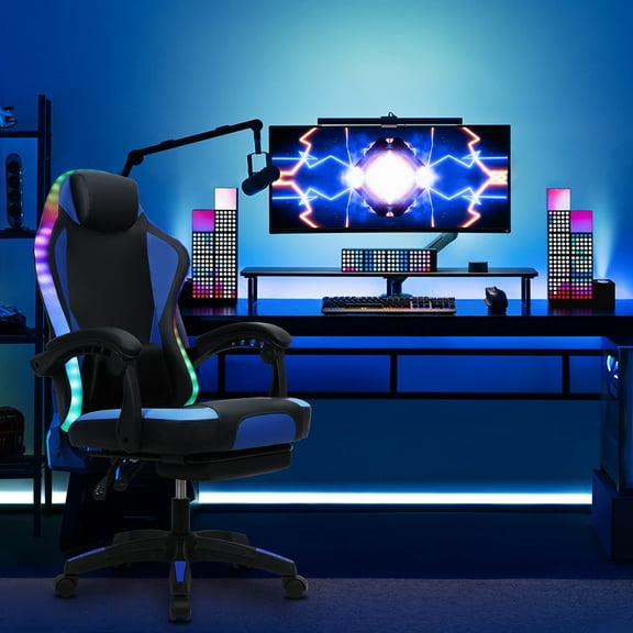 Lorelo Gaming Chair with RGB LED Light, Ergonomic Massage Computer Chair with Footrest, High Back Music Video Chair with Lumbar Support