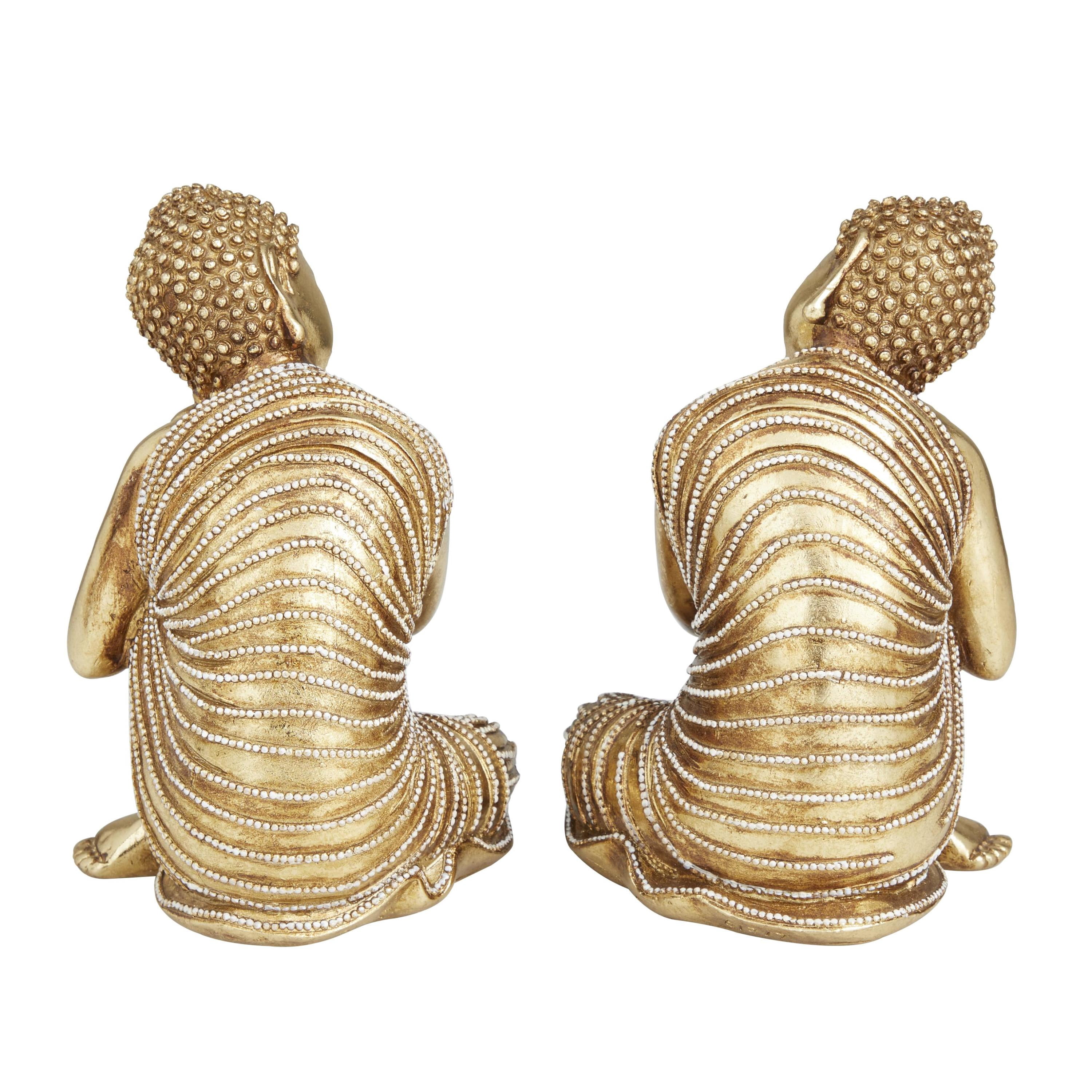 5"W, 7"H Gold Polystone Meditating Buddha Sculpture with Engraved Carvings and Relief Detailing, by DecMode (2 Count)