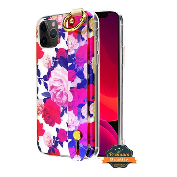 Apple iPhone 11 PRO Phone Case Multifunction Hybrid Flowers Hologram TPU Armor Protective Hard PC with Wristband Stand Holder /Wrist Hand Strap [Romantic Flowers] Cover for Apple iPhone 11 Pro /5.8"