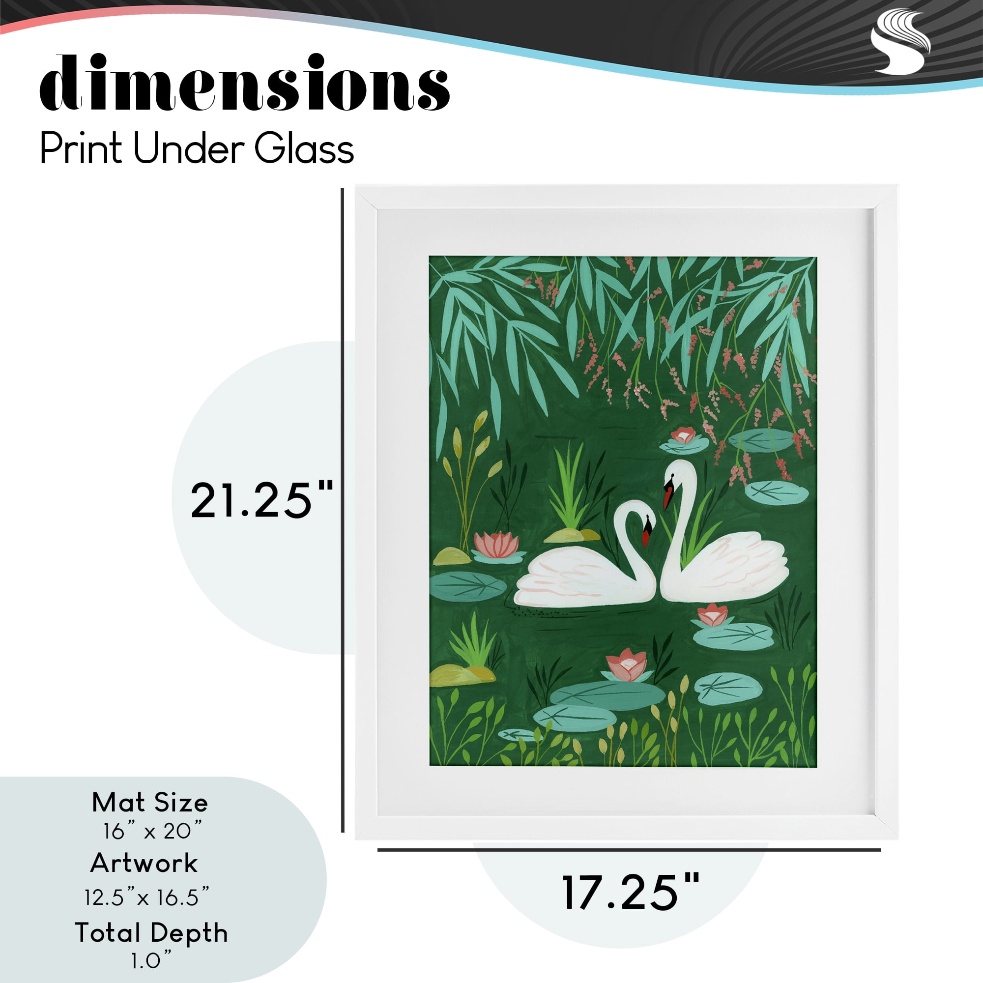 Swan Pair on Green Pond White Framed Print Under Glass, design by Nabeela Rumi