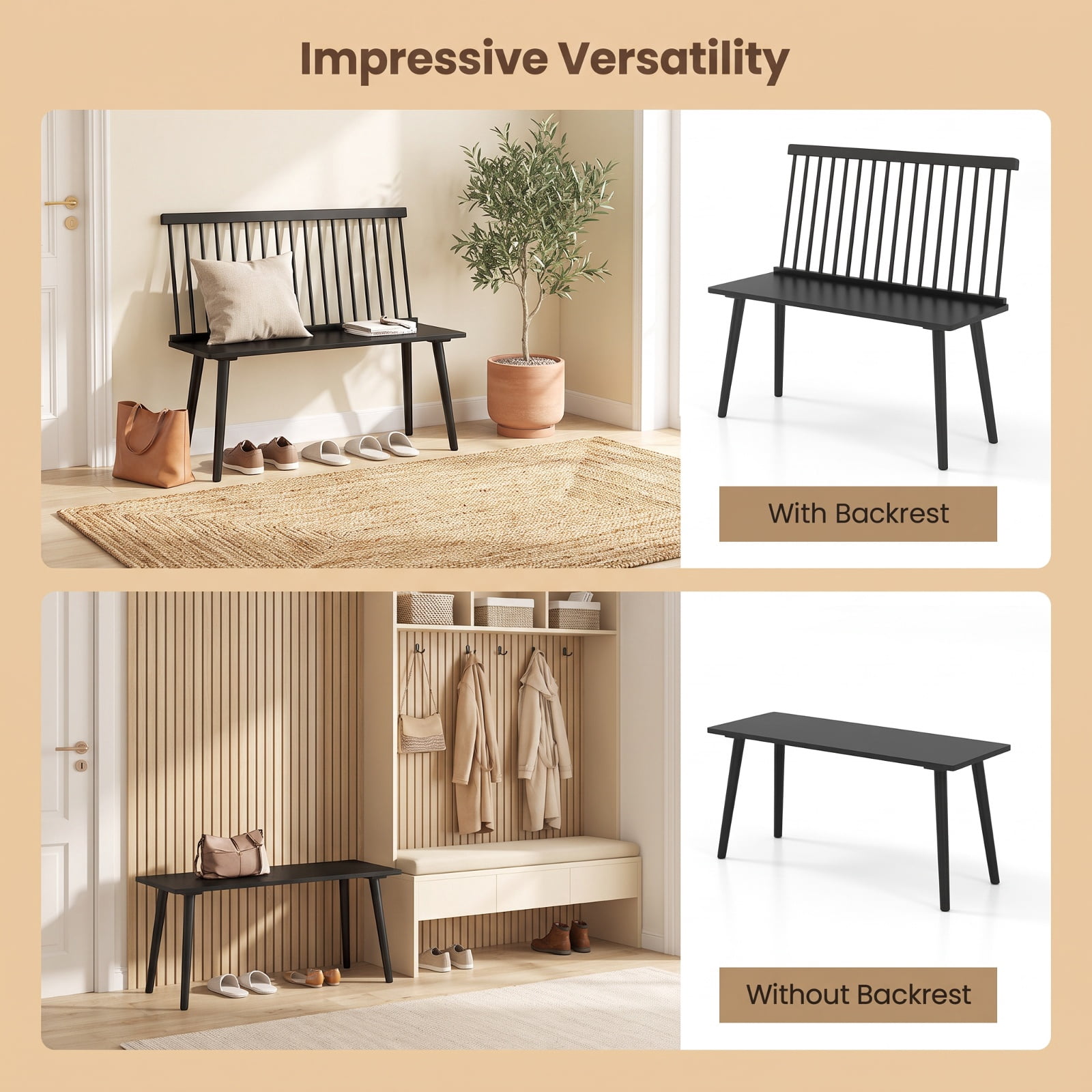 Furnibear Entryway Bench for 2 with Spindle Back for Kitchen Dining Room and Hallway