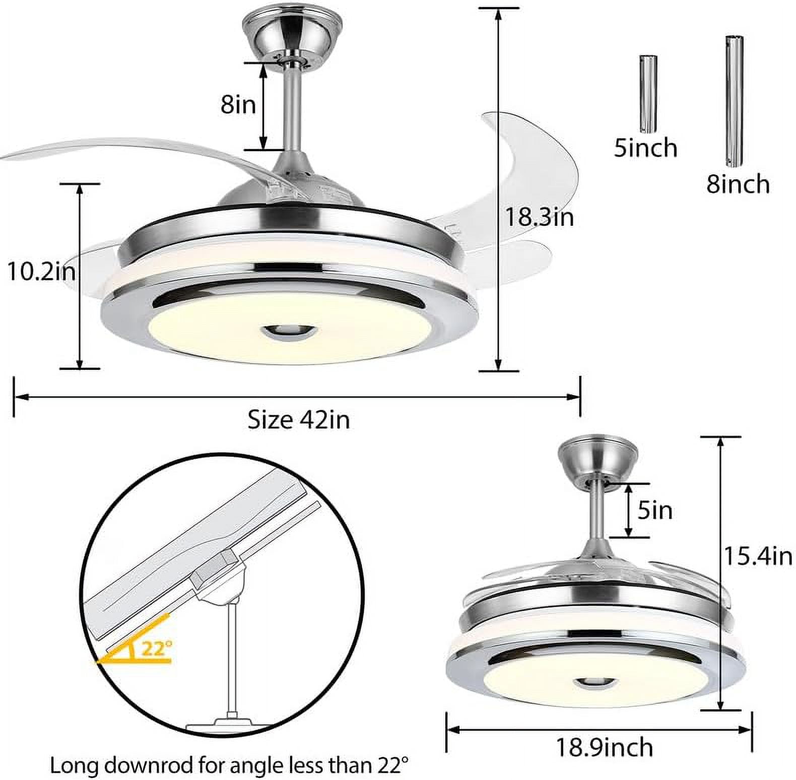 Datingday 42'' Reversible Bluetooth Ceiling Fan with Light and Speaker, LED Dimmable Fandelier Ceiling Fan Light with Remote Control Retractable Invisible Music Player Chandelier for Living Room