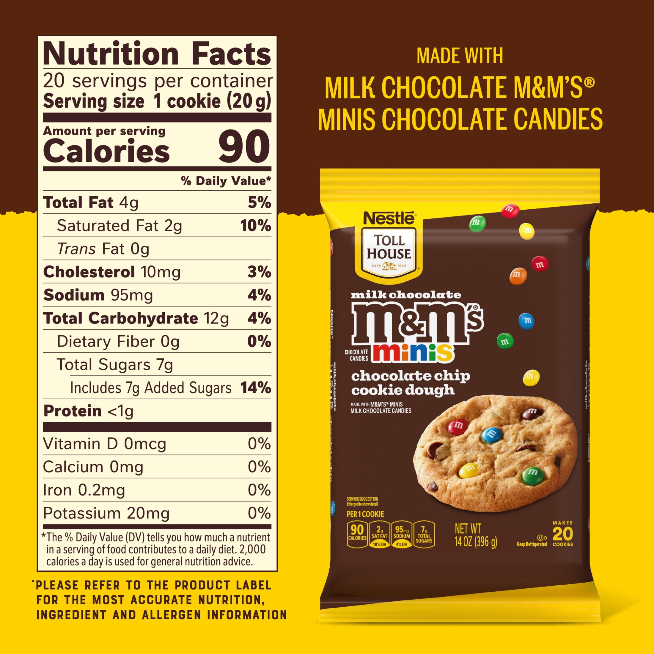 Nestle Toll House M&M'S Minis Chocolate Chip Cookie Dough, Makes 20 Cookies for Holiday Baking, 14 oz