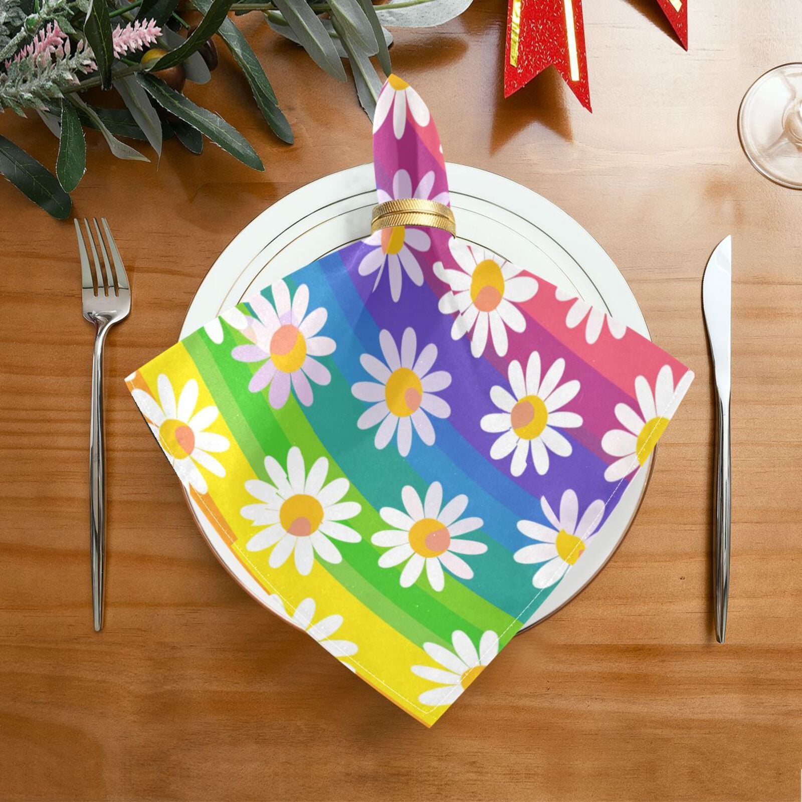 JSTEL Daisy Flower Rainbow Stripes Cloth Napkins Set of 6, 20x20 Inch Washable and Reusable Napkin for Decoupage Dinner Party Everyday Use