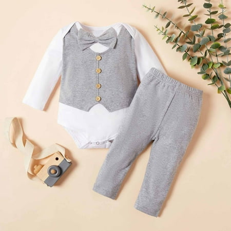 

CHGBMOK Clearance Infant Toddler Baby Boys Gentleman Suit Fake Vest Long-Sleeved Romper Trousers Two-Piece Set