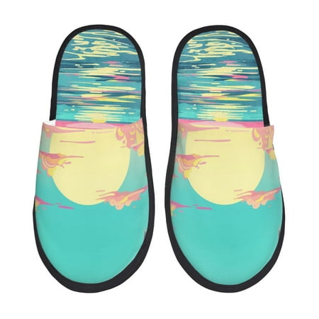 Balery Retro Palm Beach Sunset Slient Indoor Furry Fleece Comfort House Shoes Soft Non-Slip Home Shoes Cotton slippers House Slippers-- Medium