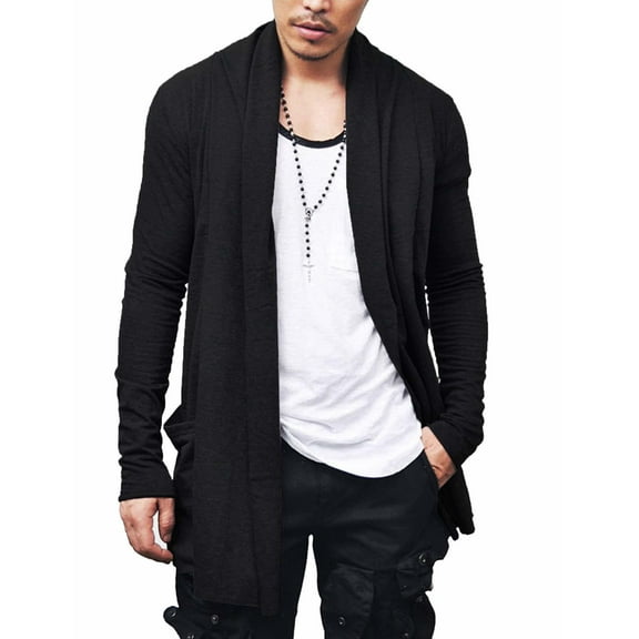 COOFANDY Men's Ruffle Shawl Collar Cardigan Open Front Lightweight Long Length Drape Cape Overcoat with Pockets