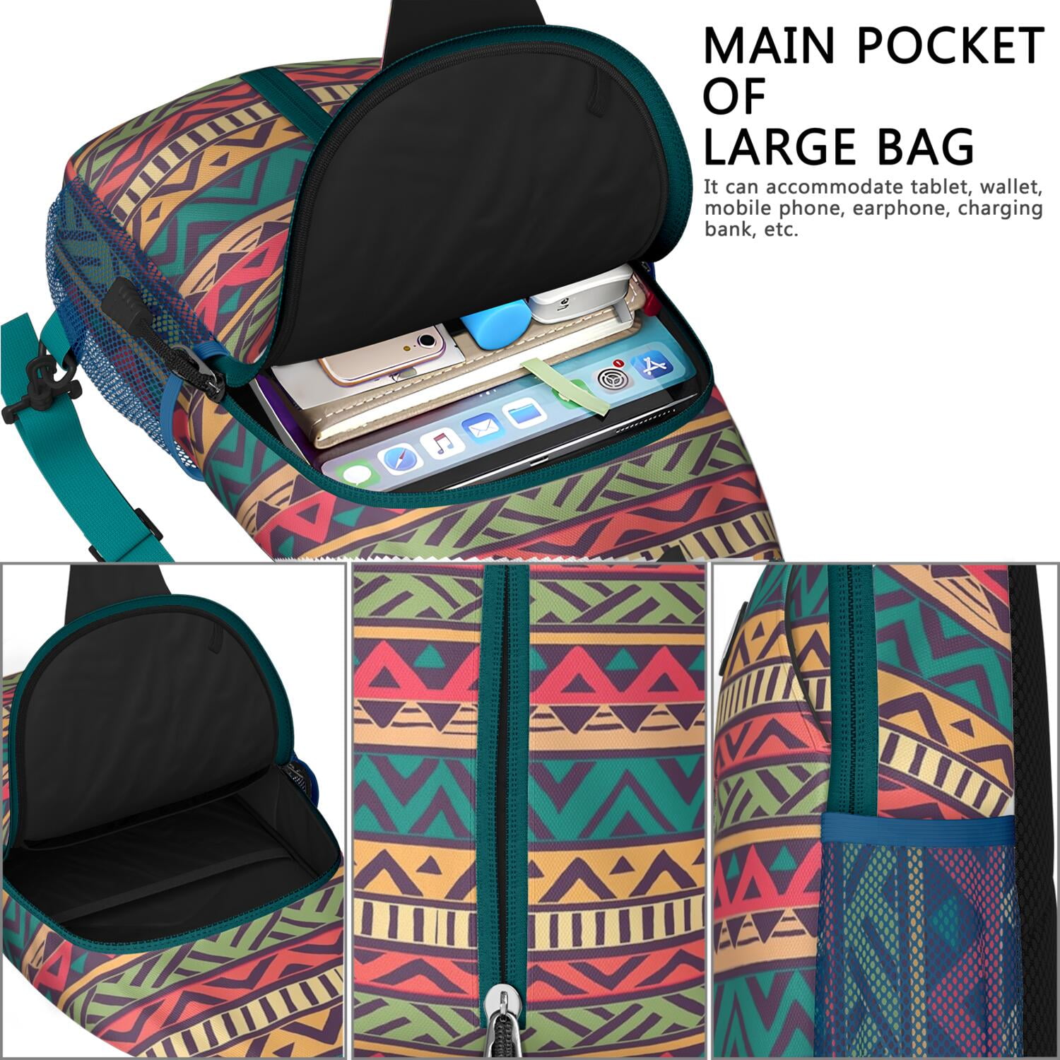 Floral Sling Backpack Retro Ethnic Crossbody Daypack Lightweight with Adjustable Strap