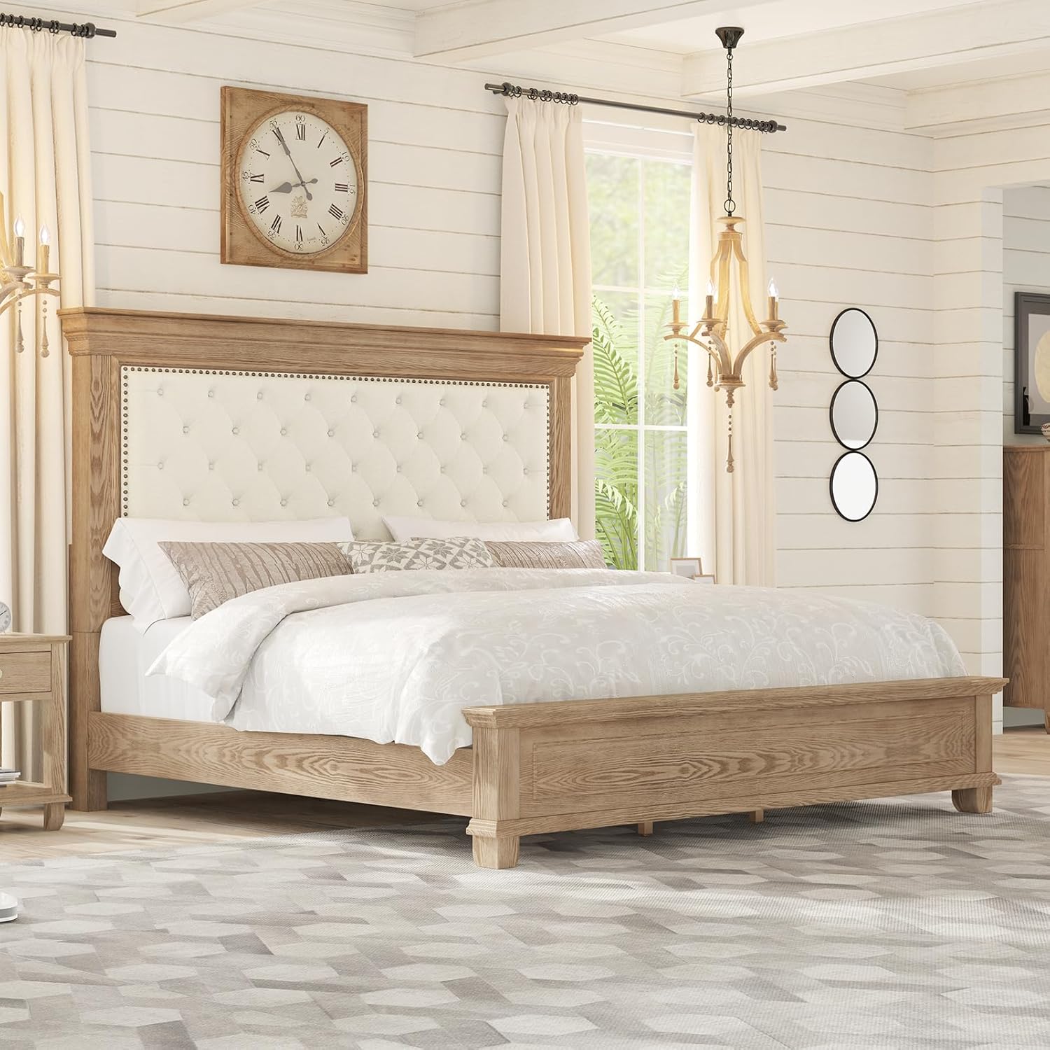 Merluxy 68" H King Size Bed Frame with Upholstered Headboard, Solid Wood Mid-Century Platform Bed, Button Tufted/Antique Brass Nail Trim, Light Oak