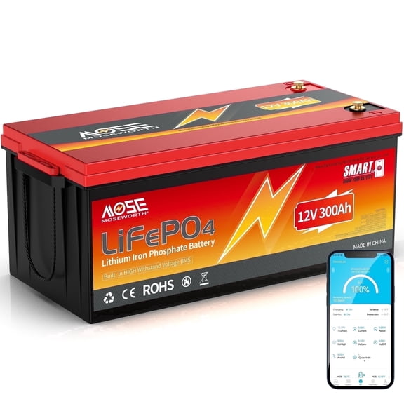 12V 300Ah LiFePO4 Lithium Battery Bluetooth,MOSEWORTH for RV,Solar,Trolling Motor,Caming,Marine,Solar,Built in 200A BMS,Low Temp Cut off