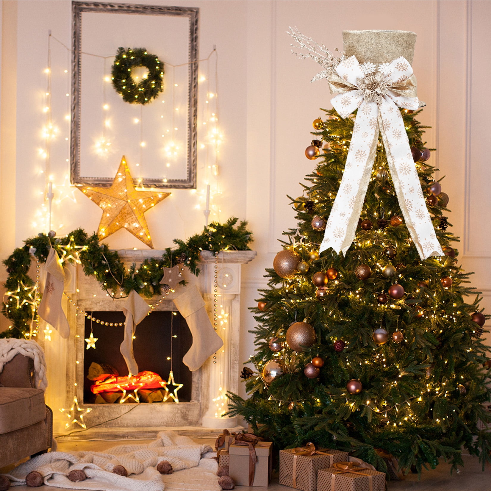 Towallmark Christmas Tree Topper, Ribbon Bow Topper for Tree,Xmas Ornaments for Holiday Decor, Great Gift Christmas Decoration,9.84 x 9.84 in