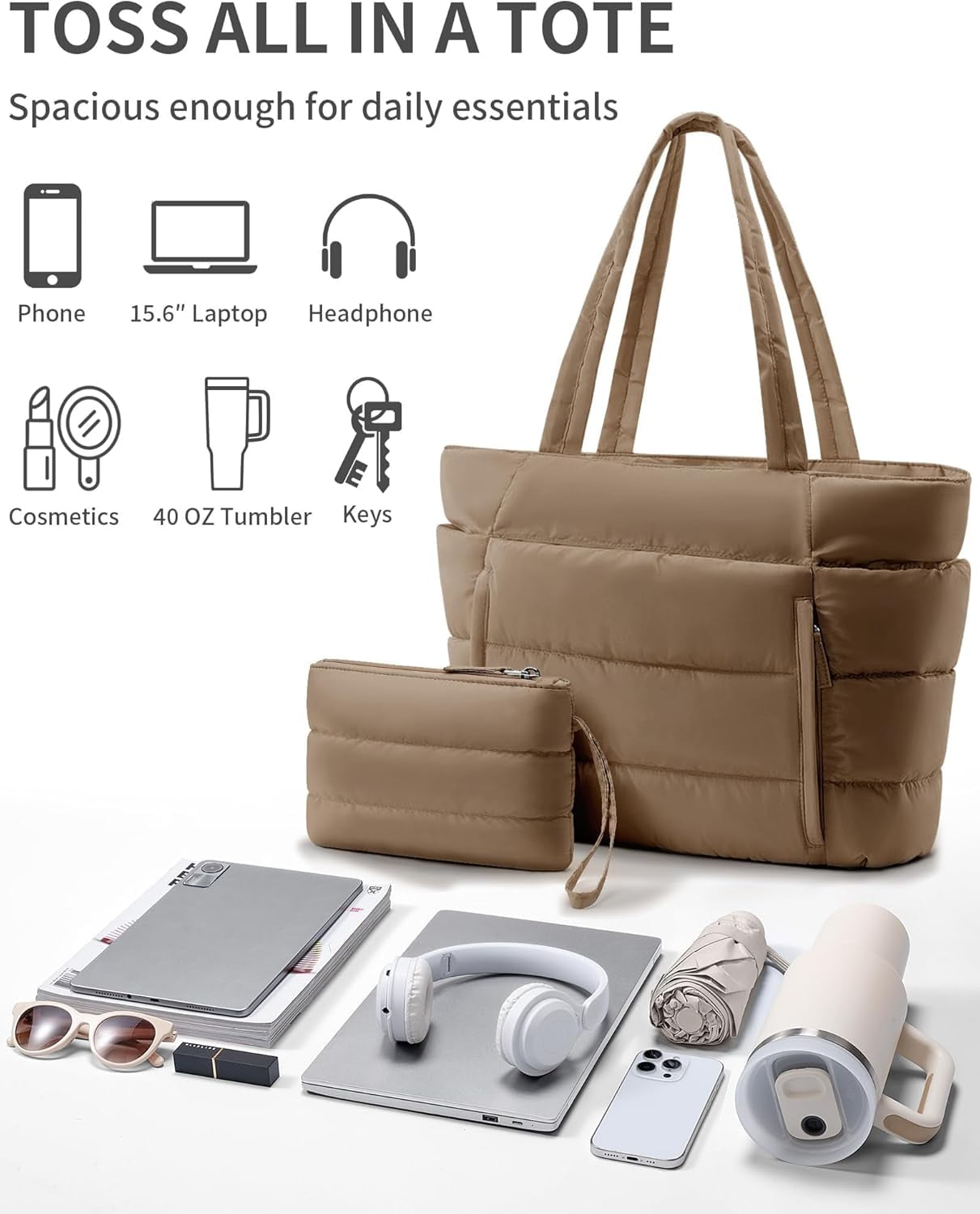 ZUTOYBOLIN Puffer Tote Bag for Women, Lightweight Puffy Work Handbag Teacher Nurse Quilted Shoulder , Daily College Bags, 15.6" Computer Bag, Clinical Nursing Bag, Ideal Gift for Women.Khaki