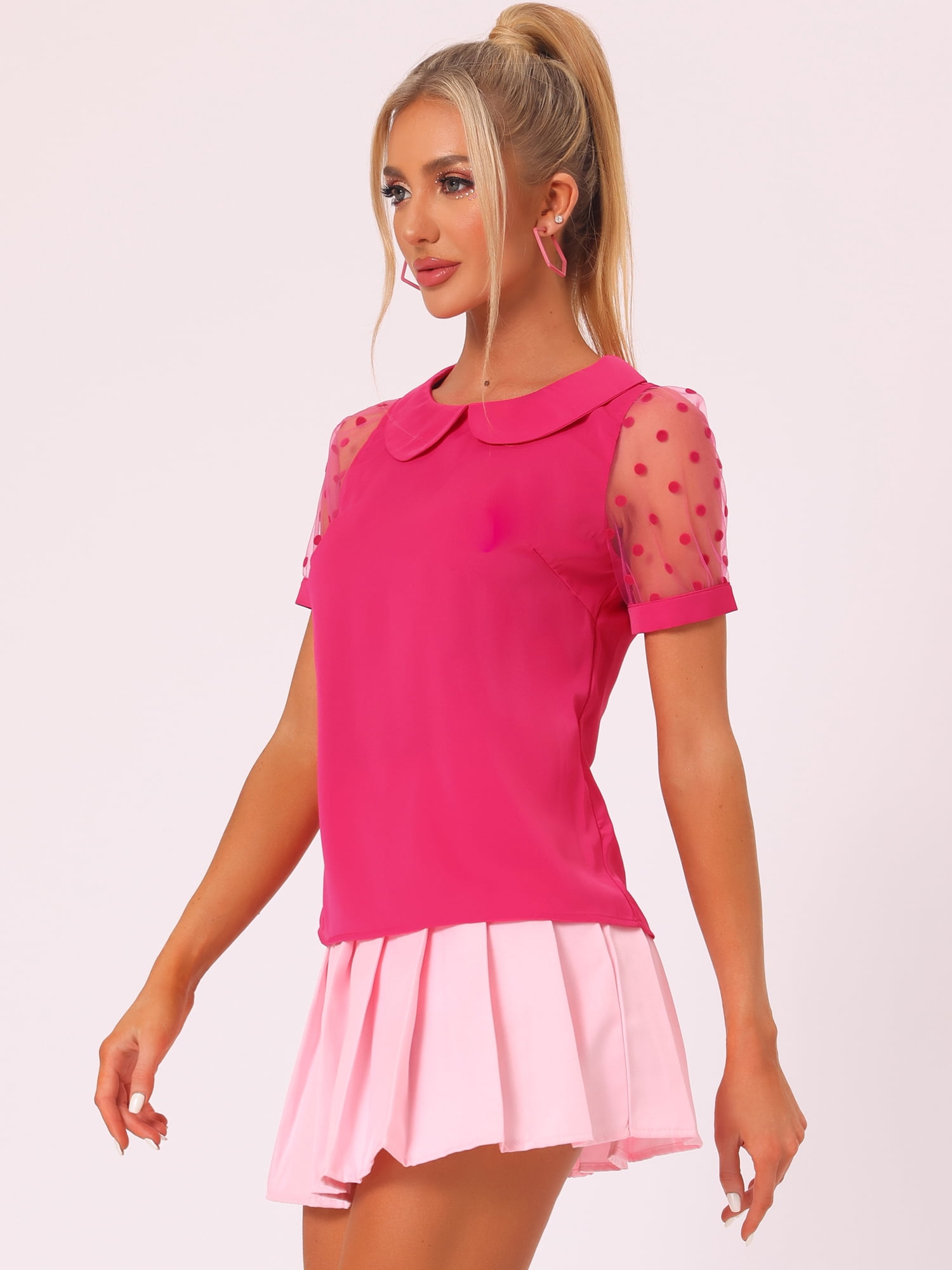 DARING DIVA Women's Polka Dots Mesh Peter Pan Collar Blouse XS Hot Pink