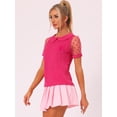 thumbnail image 3 of Blusa de Manga Corta Allegra K Cuello Peter Pan Lunares Manga de Malla Rosa Caliente XL, 3 of 6