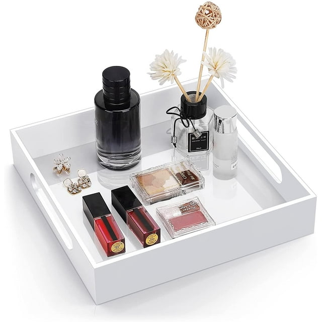 Home Decorative Coffee Table Tray, 10"x10" Elegant Acrylic Serving Trays with Handles Works for Eating, Breakfast, Makeup Drawer Organizer,Bathroom Vanity Table,Ottoman Tray, Black