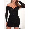 thumbnail image 2 of Franhais Women Sequins Bodycon Formal Dress Ruched Off-Shoulder Long Sleeve Evening Gown for Cocktail Wedding Party Dress, 2 of 6