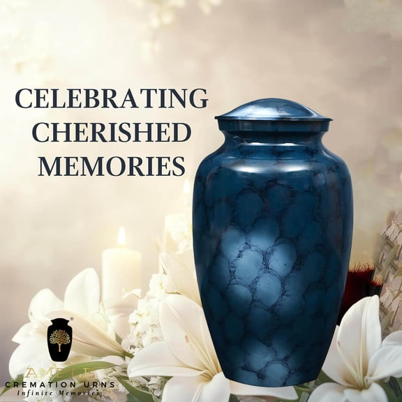 Blue Marble Finish Cremation Urn for Human Ashes – Adult Size Memorial Funeral Urn with Secure Lid