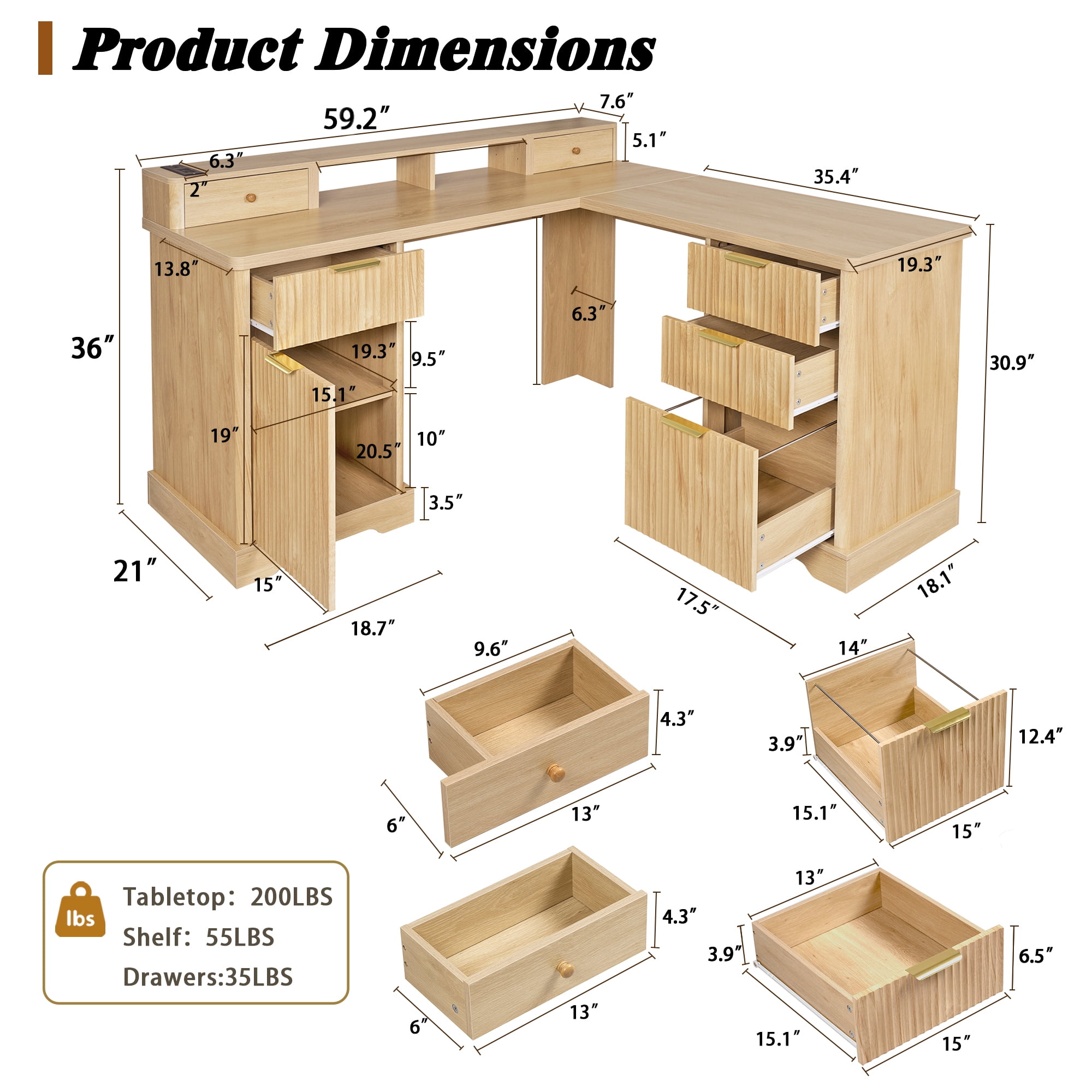 Mintazer 59" Modern Fluted L-Shaped Desk with Charging Station & Storage Drawers, Computer Desk with Monitor Stand & File Drawer for Study Living Room Home Office, Natural