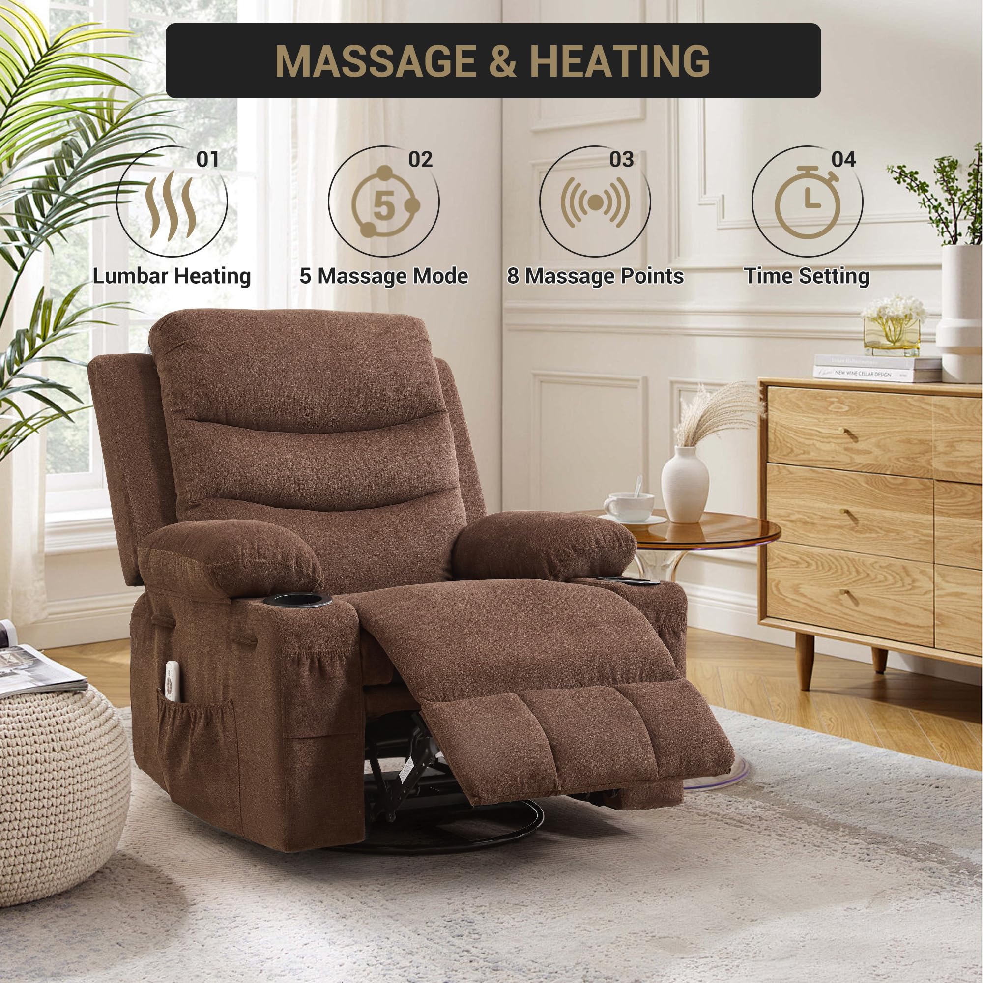 Recliner Chair Nursery, Oversized Manual Reclining Rocking Chair, 360 Swivel Glider with Cup Holder, Massage and Heat Recliner, Indoor Small Single Sofa Chairs for Adults RV Bedroom, Beige/Grey/Brown
