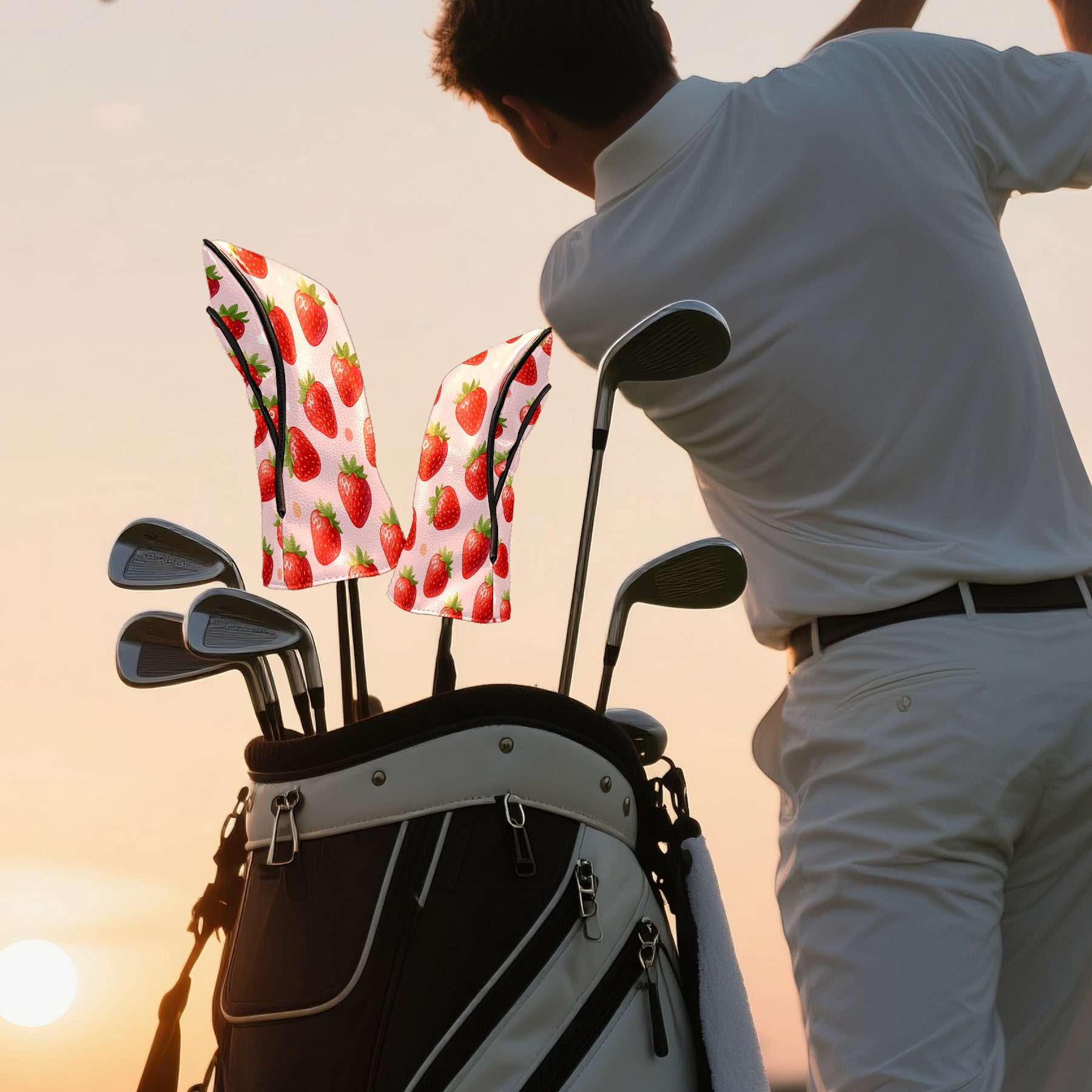 Golf Club Head Cover Waterproof Leather Golf Accessories HeadCovers Set Driver Headcover for Women Men Strawberry Sweet