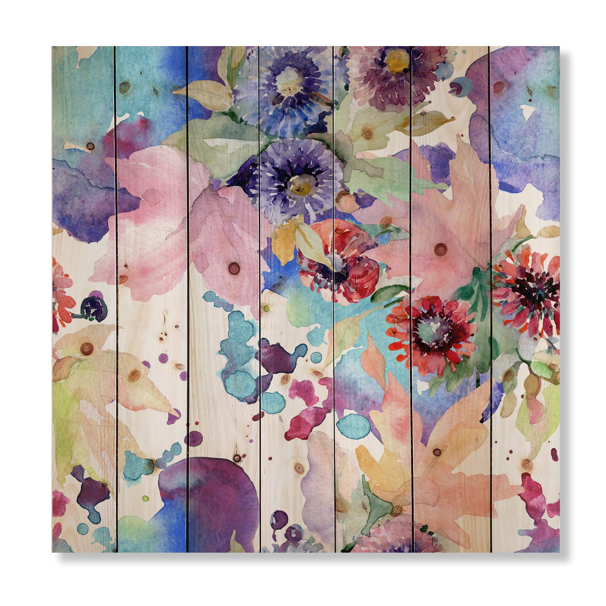 Designart 'Wildflowers and Vibrant Wild Spring Leaves VIII' Modern Print on Natural Pine Wood
