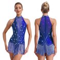 thumbnail image 2 of RUNQHUI Robe de Danse de Salon Sans Manches à Franges Brillantes Salsa Tango Col en V Lyrique Jazz Bleu TG, 2 of 6