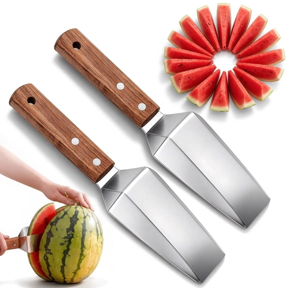 2Pcs Stainless Steel Watermelon Slicer Triangle Fruit Cutter with Wooden Handle for Melon Cantaloupe Apple