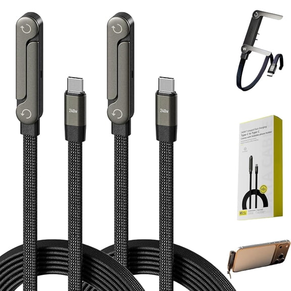 Yippzo 2-in-1 Invisible Holder Charger Cable – 240W Fast Charging Cord with Built-in Phone Stand, Tangle-Free Nylon Cables for Smartphones Tablets
