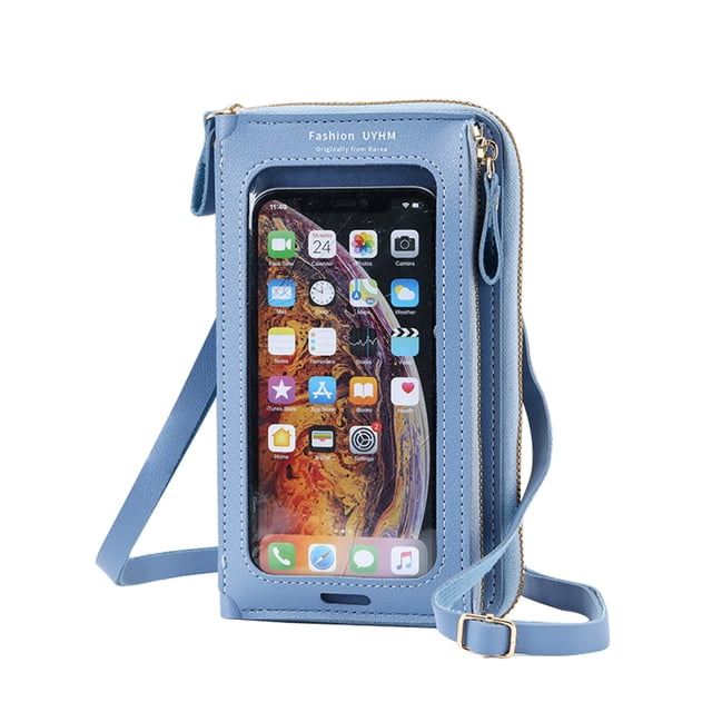 Crossbody Bags for Women, a small blue PU leather crossbody purse with a transparent touchscreen phone pocket. Features include a zippered coin pocket, six credit card slots, a cash slot, and an external USB opening for convenient phone charging. Compact size of 20x10x3cm, suitable as a shoulder bag for travel, shopping, or outdoor activities.