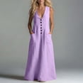 thumbnail image 6 of Xaqiouau Solid Womens Sleeveless Maxi Dress V Neck Button Front Casual Summer Loose Fit Long Dress with Pockets Flowy Beach Vacation Dress, 6 of 7