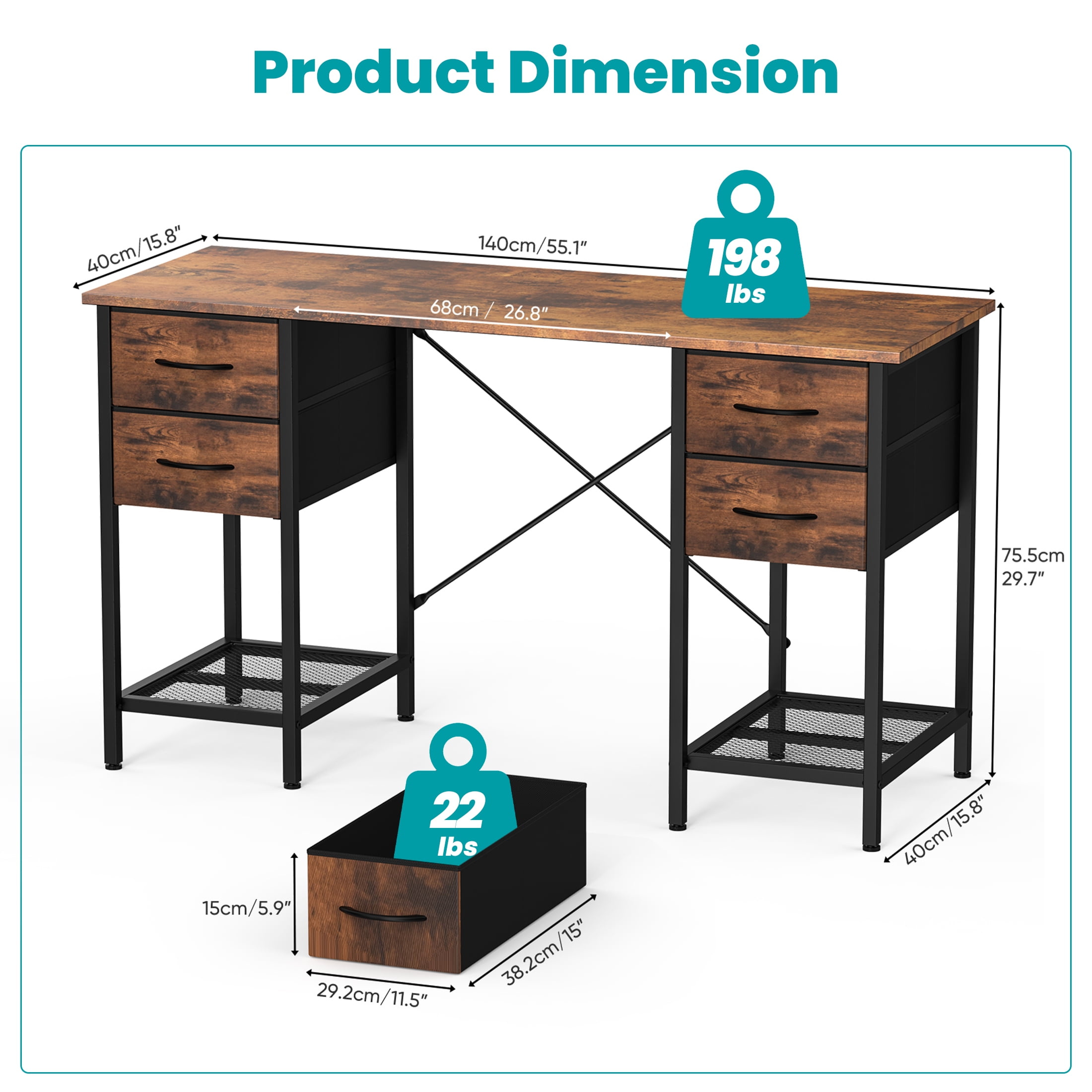 EDX 55 Inch Computer Desk with 4 Drawers, Office Desk with Mesh Shelf, Gaming Desk, Writing Work Desk , Large Storage, Rust