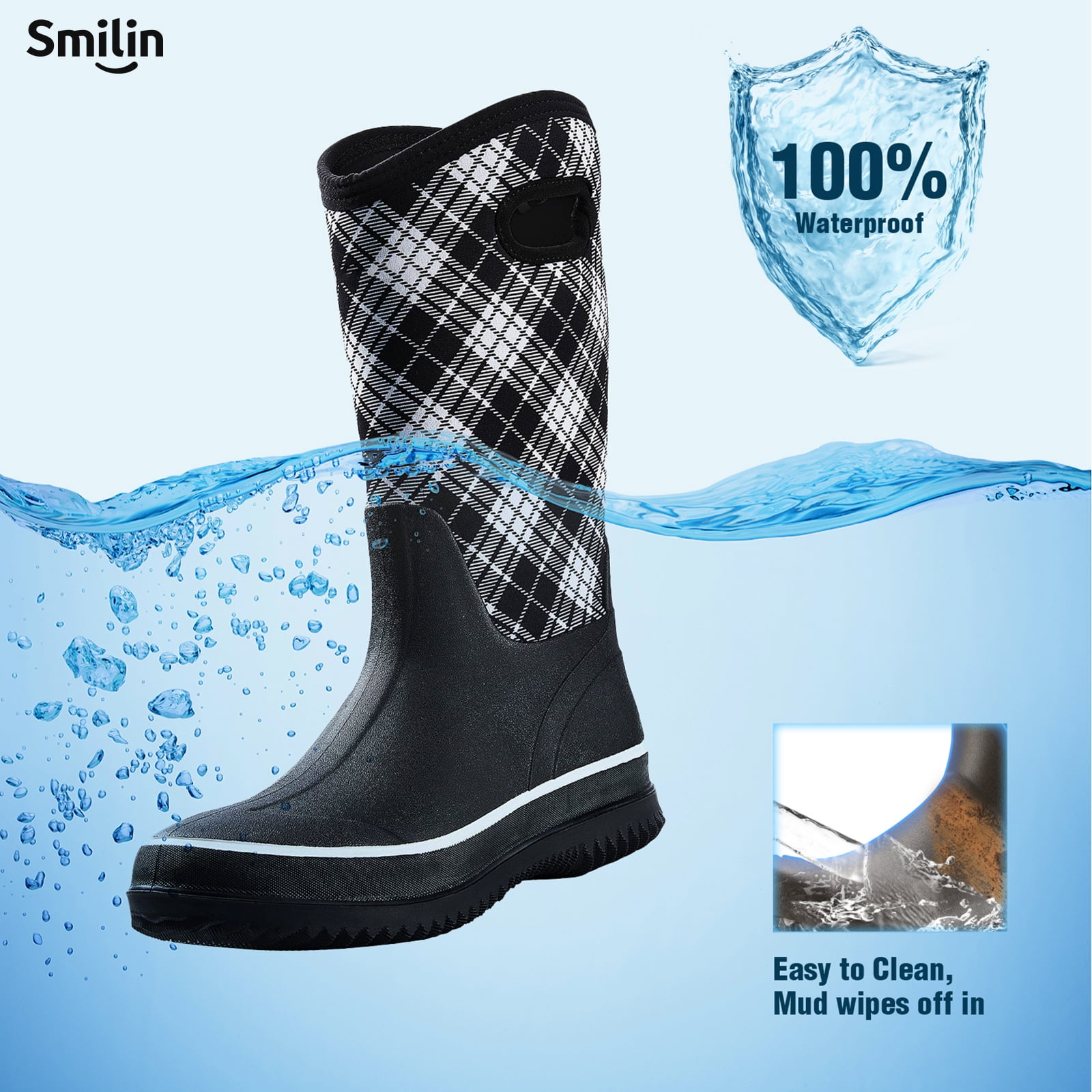 SMILIN Rain Boots for Women, Anti-slip Mid Calf Women Mud Boots, Plaid, Size 8