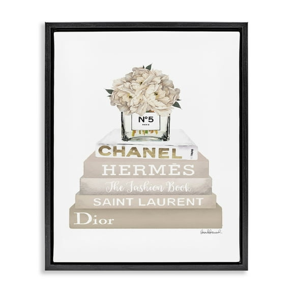 Stupell Industries High Fashion Bookstack with Tan Flowers Jet Black Framed Floating Canvas Wall Art, 16x20, by Amanda Greenwood