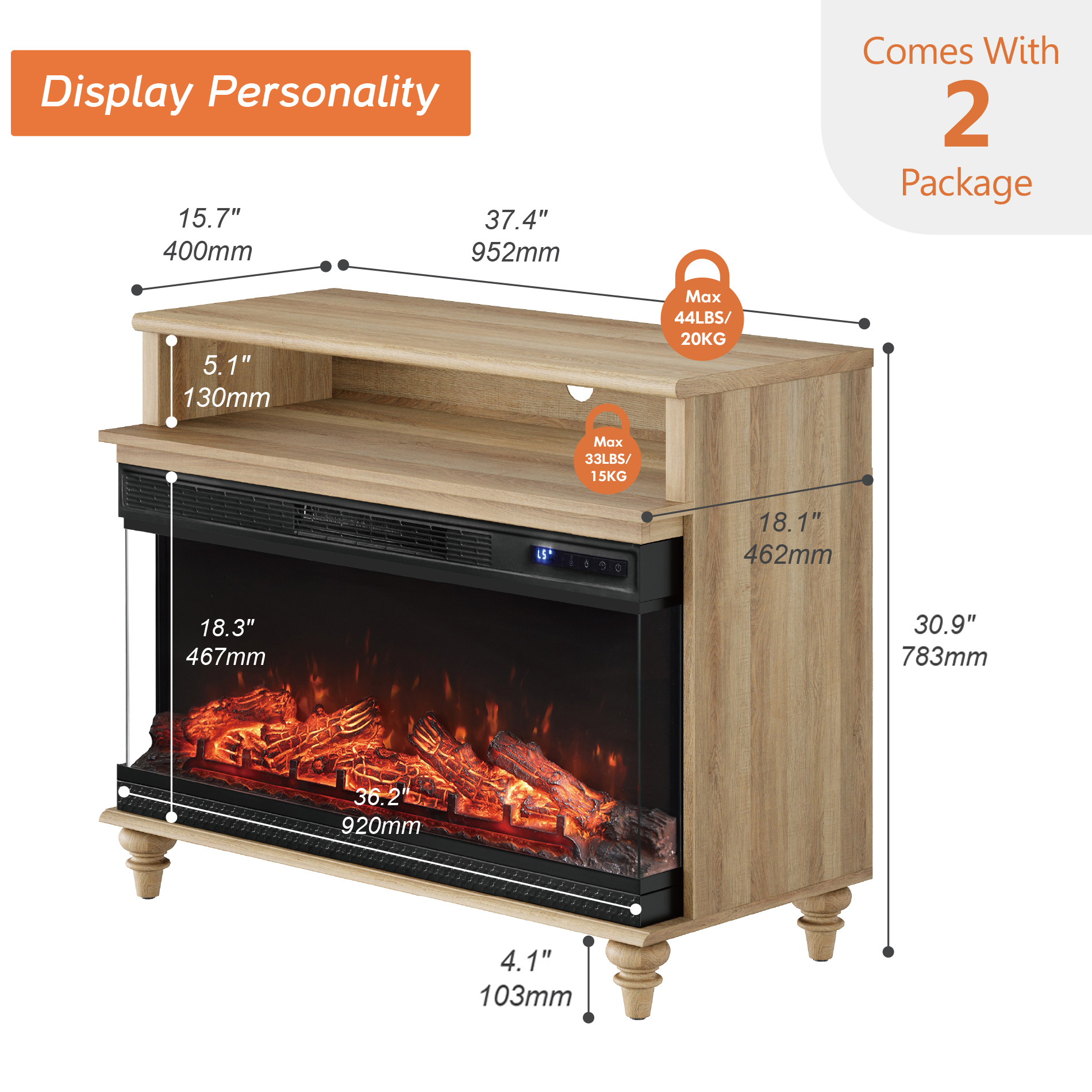 36" Electric Fireplace, Oak Wooden Side Table Fireplace End Table for Living Room, 3D Freestanding Fireplace Stove Heater
