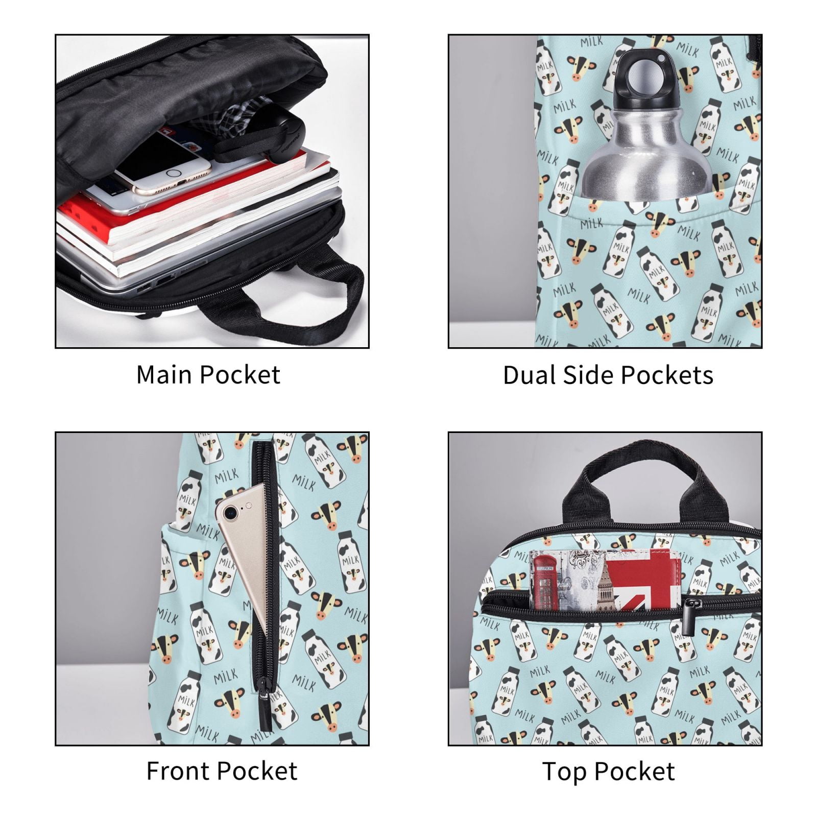 Xecao Milk Bottles And Cow Head print Backpack For women men Aesthetic Lightweight Travel Daypack Simple Cute Backpack For Bookbag