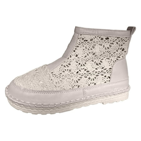 OJSFQUFP Womens Casual Shoes Ladies Summer Solid Colour Sandal Boots Flat Lace Mesh Hollow Out Breathable Round Head Zipper Casual Shoes Loafers Women Shoes Beige 38