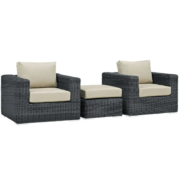 Modern Contemporary Three PCS Outdoor Patio Sectional Set, Beige, Fabric, Synthetic Rattan