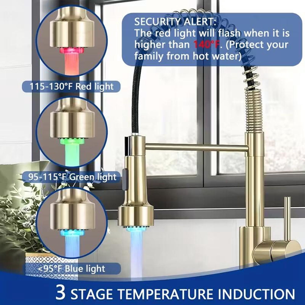 Brushed Gold led Kitchen Sink Faucet Single Handle w/Pull Down Sprayer LED Mixer Tap w/cover plate