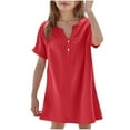 thumbnail image 2 of Mqqzkk Girls Dress Summer Casual Shirt Dress V Neck Button Up Short Sleeve Loose Mini Dresses 5-14 Years Old, 2 of 5