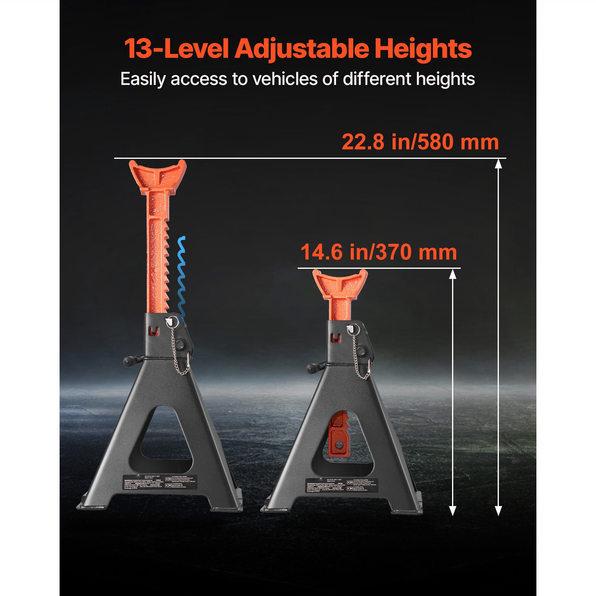 KFFKFF 6 Ton Capacity Jack Stands, Adjustable Height 14.6-22.8 in, Heavy-Duty Steel Construction with Double Locking Mechanism, Suitable for RVs, Trucks, Cars, SUVs, 1 Pair, Black and Orange