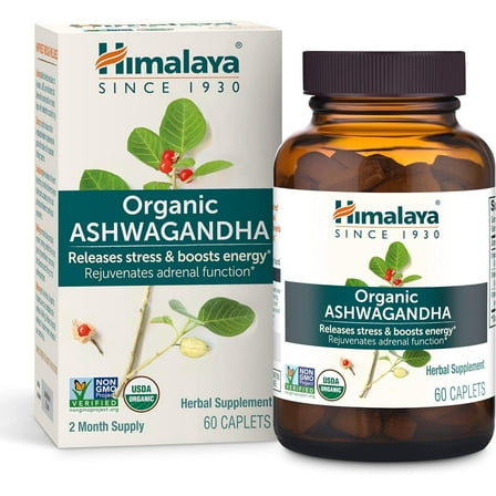 Himalaya Organic Ashwagandha Root for Stress, Energy and Adrenal Support, 670 mg, 60 Caplets