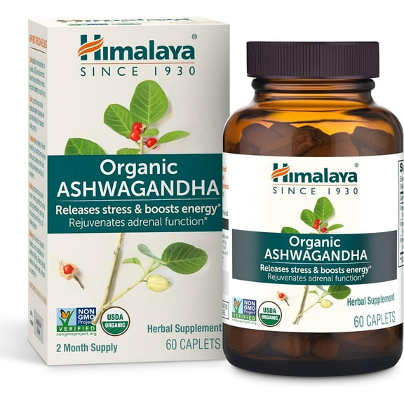 Himalaya Organic Ashwagandha Root for Stress, Energy and Adrenal Support, 670 mg, 60 Caplets