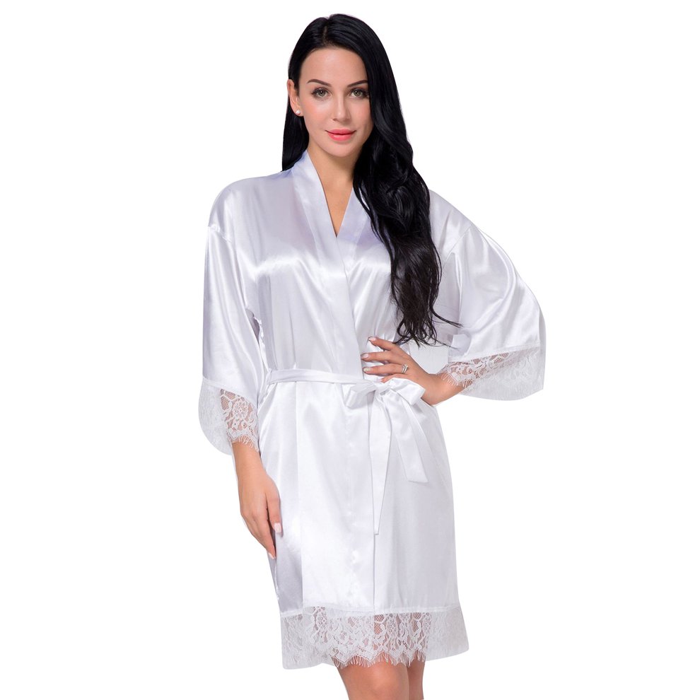 Exquisite Solid Color Women Silk Satin Short Night Robe Fashionable