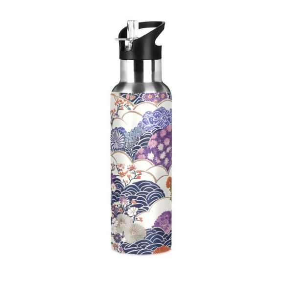ALAZA Purple Artistic Flower Pattern Water Bottle Insulated Flask Stainless Steel Straw Lid 20 oz