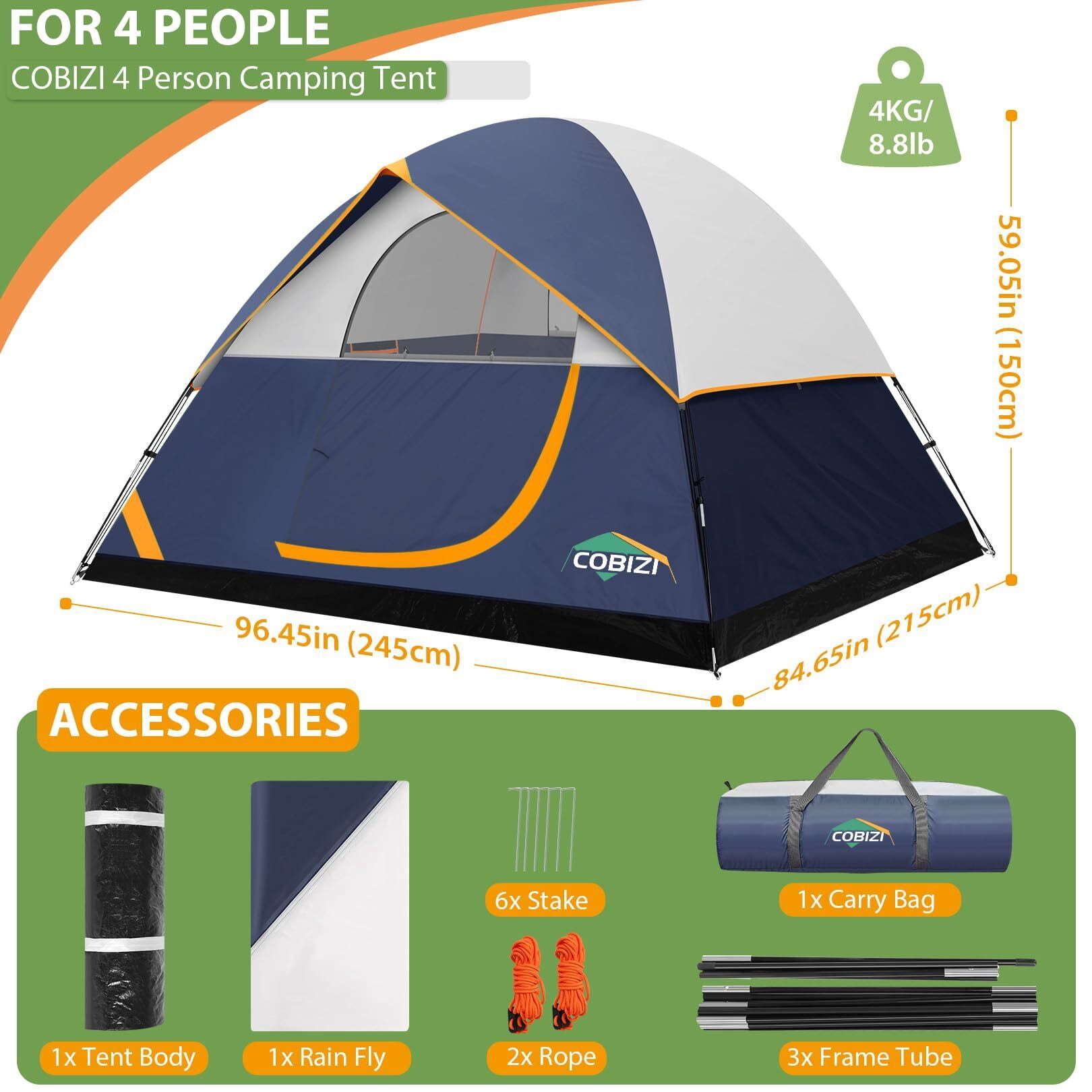 COBIZI Tents for Camping 4/6 Person Camping Tent with Rainfly and Screen, Easy Setup Lightweight Portable Waterproof Outdoor Tent with Carry Bag for Backpacking, Hiking, Family Travel