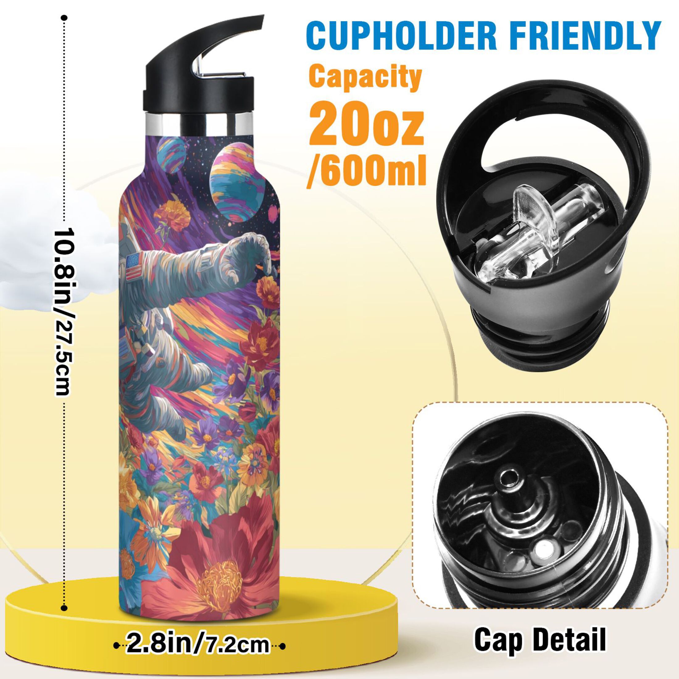 Kids Insulated Stainless Steel Sports Water Bottle 600ml (20oz) Colorful Flowers and Planets