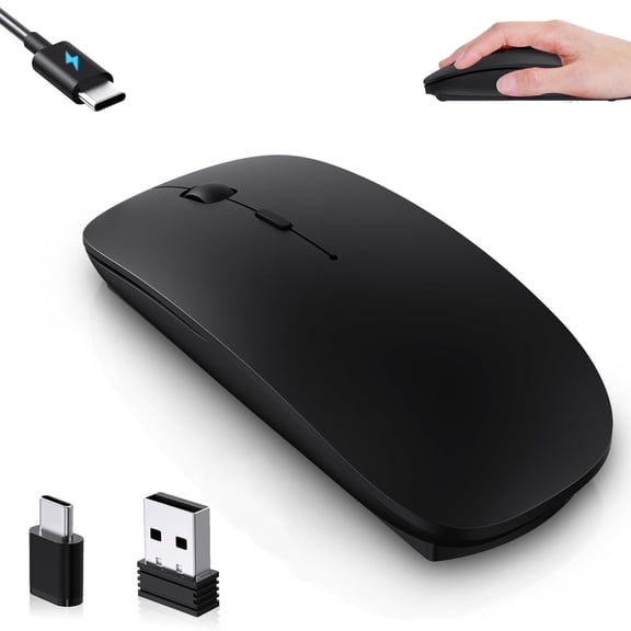 RaceGT USB C Wireless Mouse for MacBook Pro/Air, Rechargeable Portable Silent Mouse for Laptop, USB C & USB A Dual Mode Receiver Cordless Mice for MacBook, Mac, PC, Chromebook and Multi-Device-Black